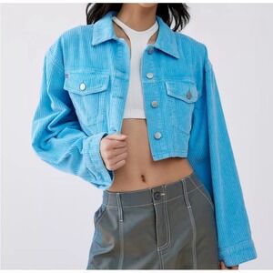 BDG Urban Outfitters Carissa Blue Corduroy Cropped Trucker Pocket Jacket Small